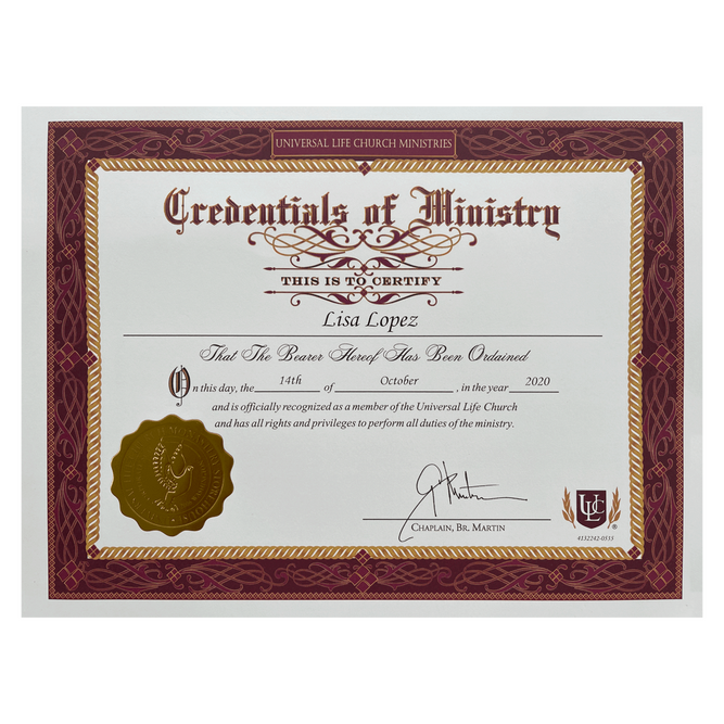 Lisa Lopez Serenity Shift Certification as an Ordained Minister with Universal Life-Church