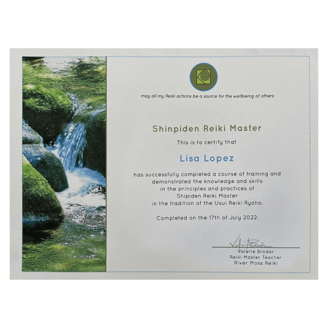 Lisa Lopez Serenity Shift Certification fo Shinpiden Reiki Master from River Moss Reiki, 2022